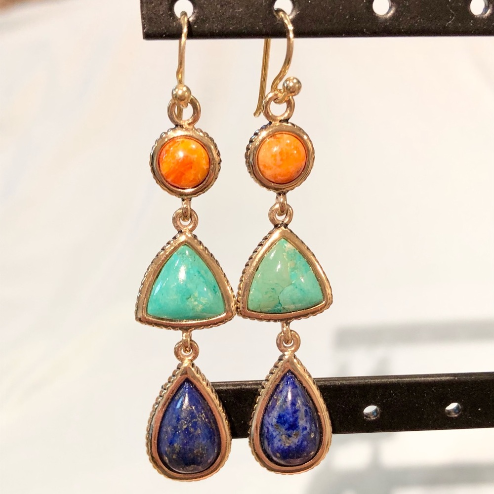 Studio Barse Orange, Turquoise & Blue Triple Drop Earrings